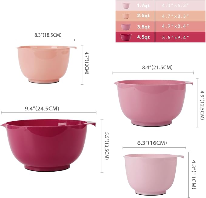 BoxedHome Classic Mixing Bowls Set of 4, BPA Free Plastic, Microwave Safe | 4.5, 3.5, 2.5 and 1.7 QT, Non-slip Base Large Non-toxic Nesting Bowl with Pour Spout, Dishwasher Safe, for Prep, Cooking