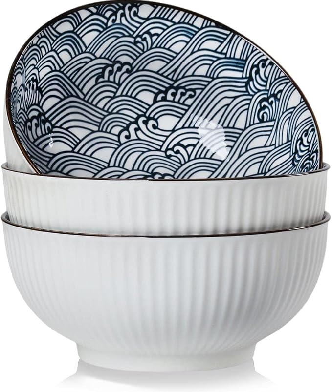 Houlu 60 oz Pho Bowls, Large Soup Bowl, Japanese Ramen Bowl Set, 8 inches Big Porcelain Bowls Set of 3, Wave Pattern