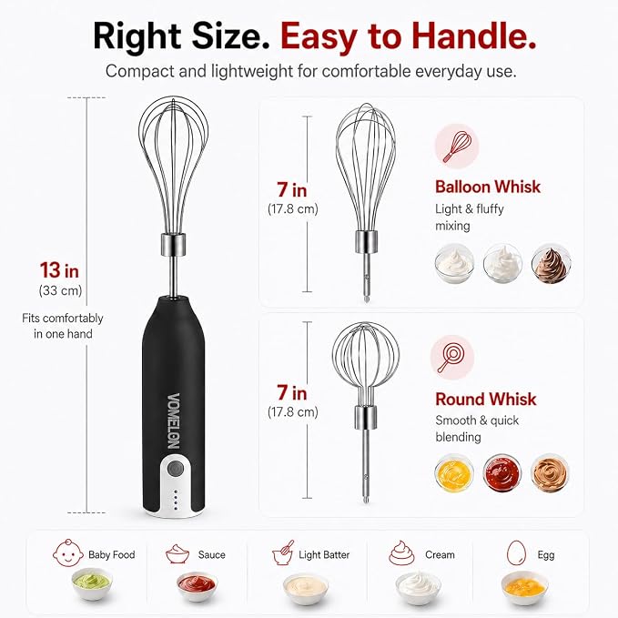 Electric Hand Mixer Whisk | Wireless Rechargeable Handheld Egg Beater with 2 Stainless Steel Mixing Heads | Portable Kitchen Hand Mixer for Egg, Milkshake Cream, Cake, Baking & Cooking-Black