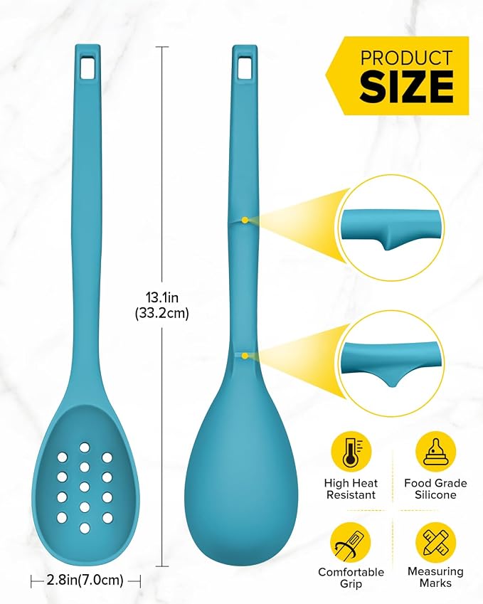 Pack of 2 Silicone Cooking Spoons, Non Stick Solid Kitchen Spoon with Measuring Marks & Back Hooks, Heat Resistant Silicone Slotted Spoon for Cooking, Mixing, Stirring,Serving (BLUE)