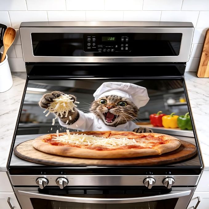 Funny Cat Pizza Stove Top Cover for Electric Stove, 28x20 In Mat | Heat-resistant non-slip mat holds hot cookware; glass cooktop protector, dish drying; kitten cheese cat lover kitchen decor