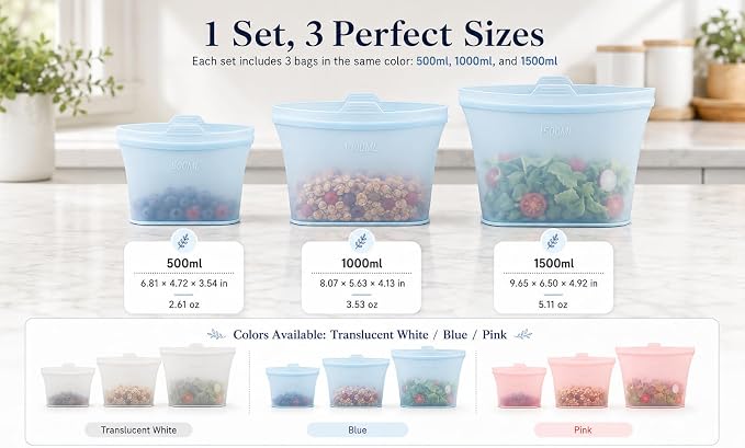 Reusable Silicone Food Storage Bags, 3 Pack 17/34/50 oz, Snack & Meal Prep(Blue)