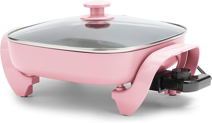 GreenLife 12" 5QT Electric Skillet, Pink | PFAS-Free Ceramic Nonstick Coated Interior, Glass Vented Lid, Temperature Control, Dishwasher Safe, Pancakes, Eggs, Bacon