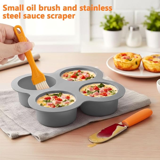 2 Pack Silicone Egg Bite Molds with 1 Spatula & 1 Brush, 4 Cups Silicone Air Fryer Baking Pan Non-Stick for Egg Bites, Cupcake, Tart, Frittata, Quiche, Muffins, Cornbread