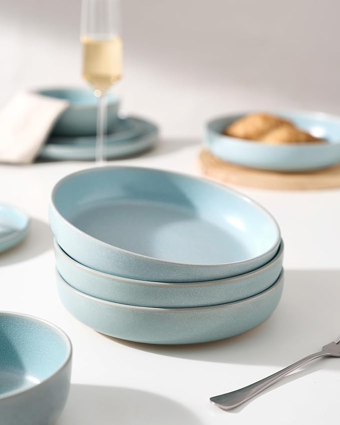 famiware Milkyway 33 oz Pasta Bowls Set of 6, Light Blue | Double Reactive Glaze, Scratch-Resistant Stoneware Salad Bowls, Stackable, Dishwasher & Microwave Safe, Lead-Free