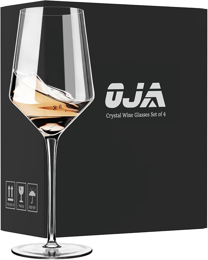 OJA Wine Glasses Set, Crystal White Hand Blown Wine Glass, Set of 4,15 oz | Thin Rim, Long Stem, Modern, Perfect for Red or White, Daily Use, Unique Wedding Anniversary or Birthday Gift