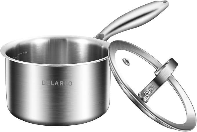 DELARLO Full-body Clad Tri-ply Stainless Steel 1 Quart Saucepan with Lid | Small Stainless Steel Pot Induction Cooking Sauce Pot Pan, Heavy Duty Saucier Cookware, Fast Even Heats, PFOA&PTFE Free