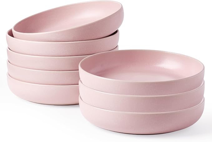 famiware Milkyway 33 oz Pasta Bowls Set of 8, Light Pink | Double Reactive Glaze, Scratch-Resistant Stoneware Salad Bowls, Stackable, Dishwasher & Microwave Safe, Lead-Free