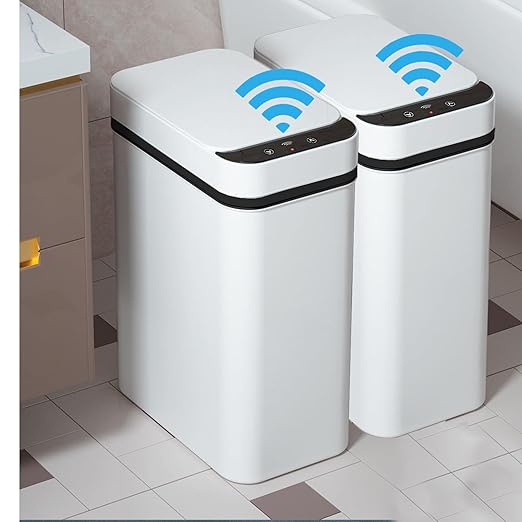 2 PACK - Slim Touchless Bathroom Trash Can - Smart Trash Can Motion Sensor | 2.5 Gallon Skinny Trash Bin with Lid - Electric, Narrow, Plastic, Auto Open - Small Automatic Garbage Can ( White )
