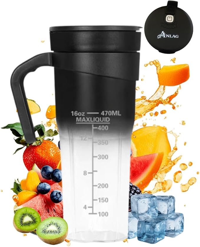 ANLAG 16 oz Rechargeable Portable Blender, USB-C Personal Smoothie Blender with Ultra-Sharp Stainless Steel Blades for Shakes & Protein Drinks (Black)