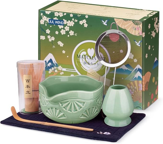 Matcha Whisk Set, Ceramic Matcha Set Includes Matcha Bowl and Matcha Whisk | Holder, Spout, Bamboo Scoop, Sifter and Tea Towel - 6 Pcs Matcha Kit Gift for Matcha Lovers Beginners