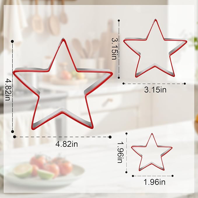 Star Cookie Cutters 3PCS, Stainless Steel Christmas Star Cookie Cutter Tools with Red Environmental PVC, Star Shape Moulds Set for Baking