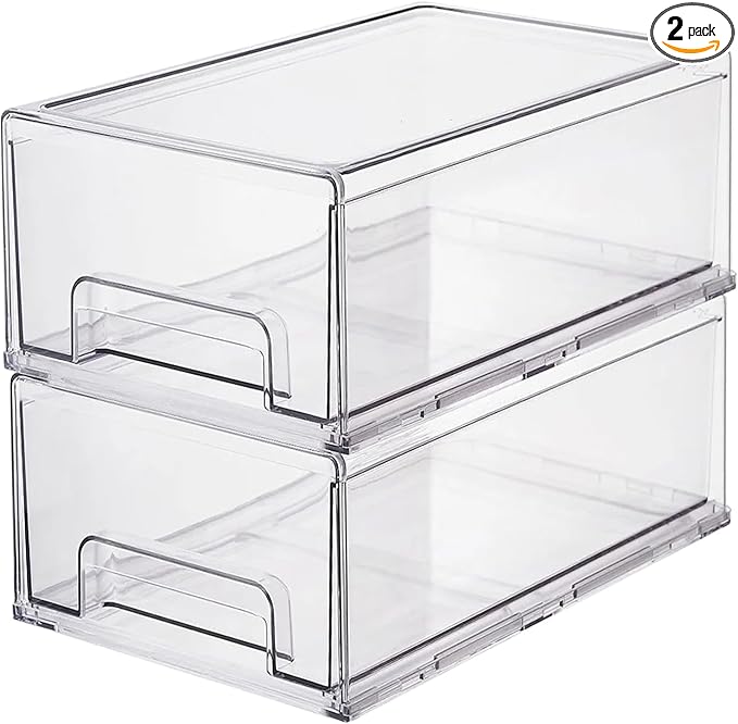 Clear Plastic Stackable Storage Drawers Bins, Perfect for Kitchen Pantry Organization and Storage, Under Sink Organizer, Pull Out Cabinet Organizer, Makeup, Bathroom Storage Containers for Organizing