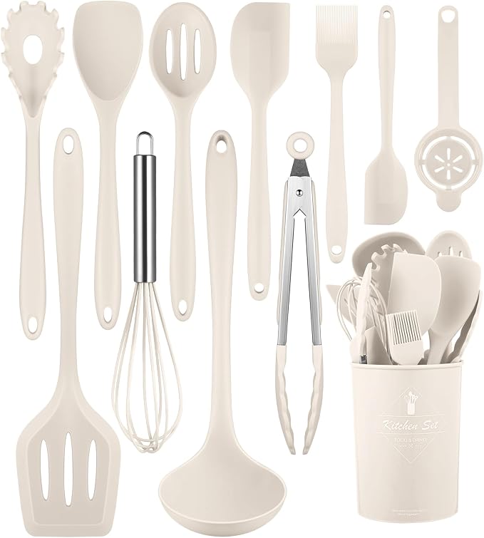 Khaki Kitchen Utensils Set-12 Pieces Silicone Cooking Utensils Set | Dishwasher Safe 392°F Heat Resistant Spatula Set Kitchen Utensil Set for Nonstick Cookware,Best Kitchen Tools with Holder