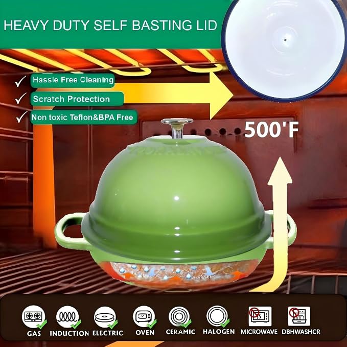 Dutch Oven for Bread Baking,6 Quart Enamel Bread Oven for Sourdough,10.5"Bread Oven with Lid,Bread Pans for Homemade Bread,Green Thick Enamel Bread Pan-with Silicone Baking Mat&Recipe,Gifts for Family