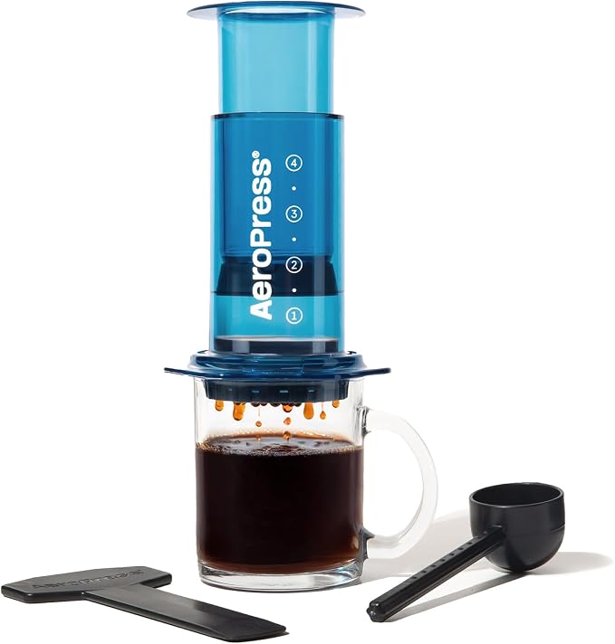 AeroPress Clear Blue Coffee Press, French Press, Pour-Over & Espresso Style | All-in-One Manual Coffee Maker, 2-Minute Brew, Less Bitterness, More Flavor, Portable, Travel & Camping