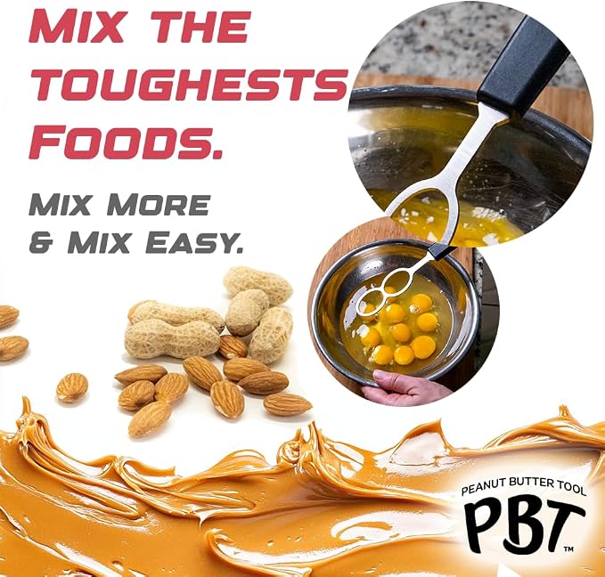 PBT - Peanut Butter Mixer, Stainless Steel Stirring Tool for Natural Peanut Butter, Dough, Yogurt, Sauces, and More - Fits Any Container Size, Less Mess, Dishwasher Safe (WHITE)