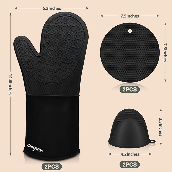 sungwoo 6pcs Silicone Oven Mitts and Pot Holders Sets, 14.6 Inch Heat Resistant Oven Gloves with Quilted Liner Non-Slip Textured Grip Perfect for BBQ, Baking, Cooking and Grilling Black