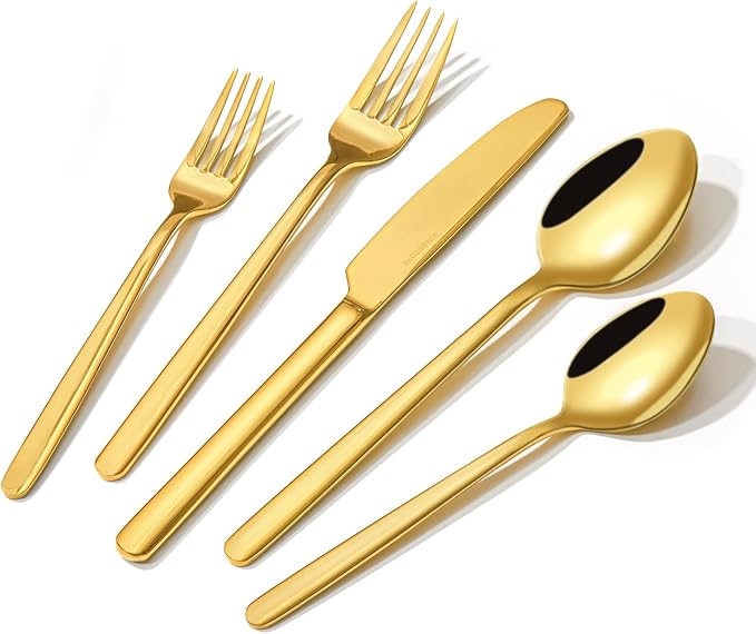 Gold Silverware Set, 40 Piece Flatware Cutlery Set for 8, 18/10 Stainless Steel Silverware Mirror Polished Dishwasher Safe for Home, Restaurant, Wedding, Party(Gold, 40 pieces for 8)