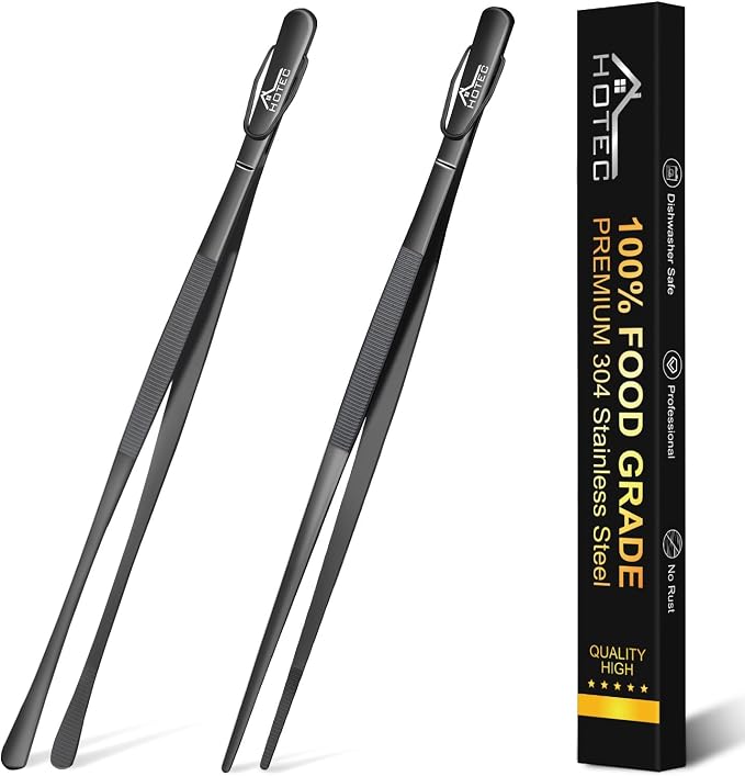 HOTEC Kitchen Tweezers Tongs Stainless Steel Professional Chef Tweezers, Set of 2-12inch Extra-Long Food Tongs for Cooking,Grill and Baking