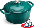 Overmont Enameled Cast Iron Dutch Oven - 5.5QT Pot with Lid Cookbook & Cotton Potholders - Heavy-Duty Cookware for Braising, Stews, Roasting, Sourdough Baking Bottle green