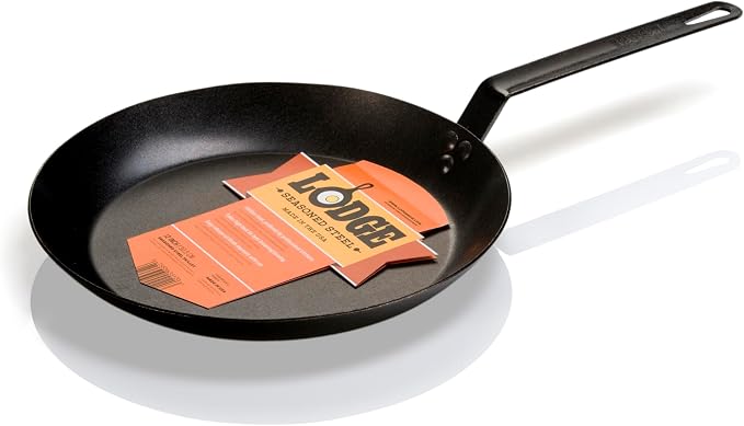 Lodge Seasoned Carbon Steel Skillet - Lightweight High Heat Frying Pan with Long Handle - Quick Temperature Response - Ideal for Searing & Sautéing - 12 Inches