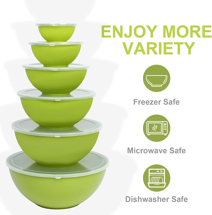 BoxedHome BPA Free Plastic Round Mixing Bowl with Lids, 12 Pack Nesting Bowls with Lids Set, Microwave and Dishwasher Safe Prep & Serving Bowls Great for Mixing, Baking, Serving (Light Green, 12pcs)