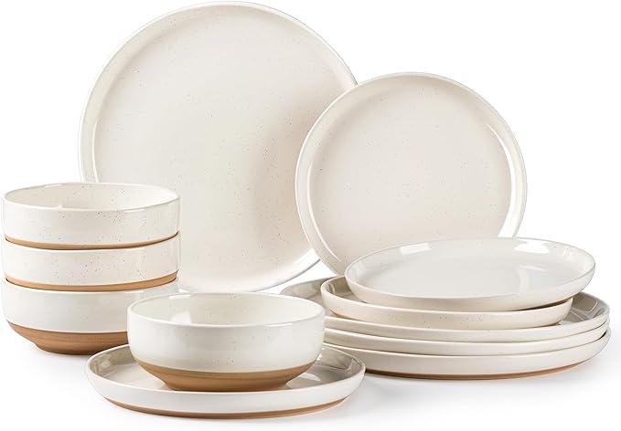 AmorArc Dinnerware Sets for 4, 12 Pieces Ceramic Plates and Bowls Set | Scratch Resistant Stoneware Dishes Set, Dishwasher & Microwave Safe, Light Beige