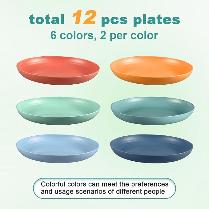 HEYCOME 12 Pcs Unbreakable Deep Dinner Plates Set, 9 inch Reusable Plastic Wheat Straw Plates, Microwave and Dishwasher Safe Plate for Kitchen, Lightweight Plate for Dessert, BPA Free, 6 Colors