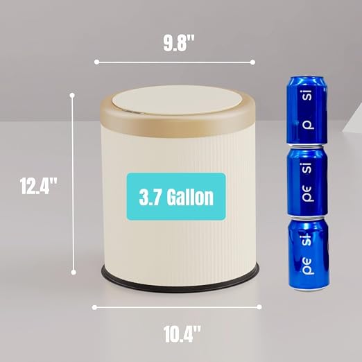 URALFA Bathroom Trash Can Automatic Touchless, Motion Sensor Trash Can | 3.7 Gal Bathroom Garbage Can with Lid, Smart Waterproof Trash Bin for Bedroom, Office, Restroom, Cream White and Gold