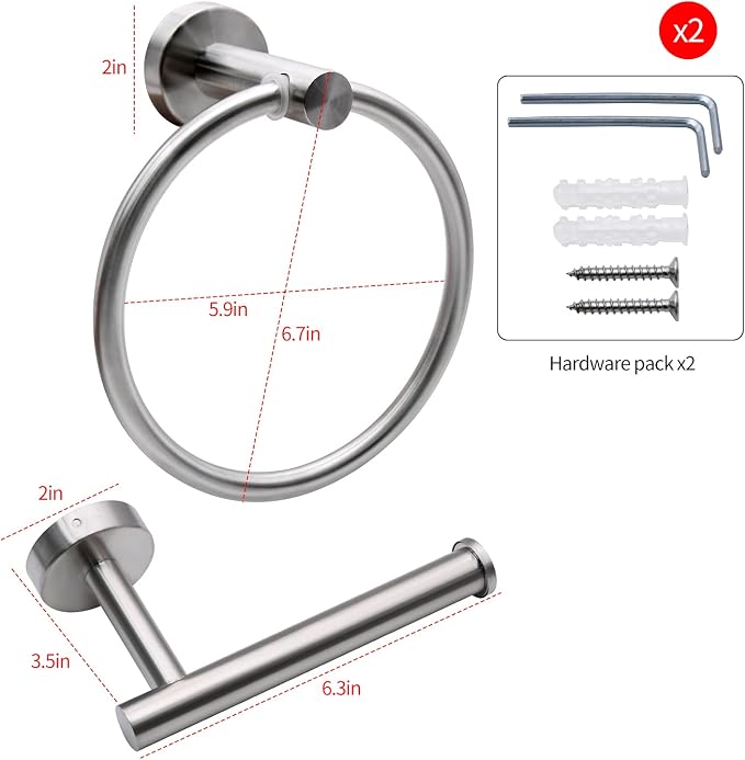 2pcs Brushed Nickel Toilet Paper Holder and Towel Ring Set, Stainless Steel