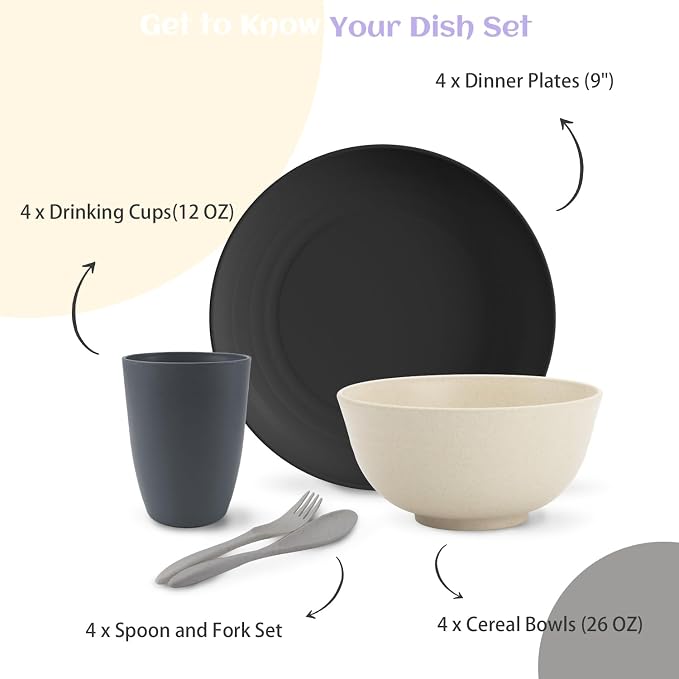 Unbreakable Wheat Straw Dinnerware Sets, Plastic Plates and Bowls Sets Alternative 20 PCS, Microwave & Dishwasher Safe Dish Set for Kitchen, Camping, Kids, Apartment, Lightweight(Grey Stone)