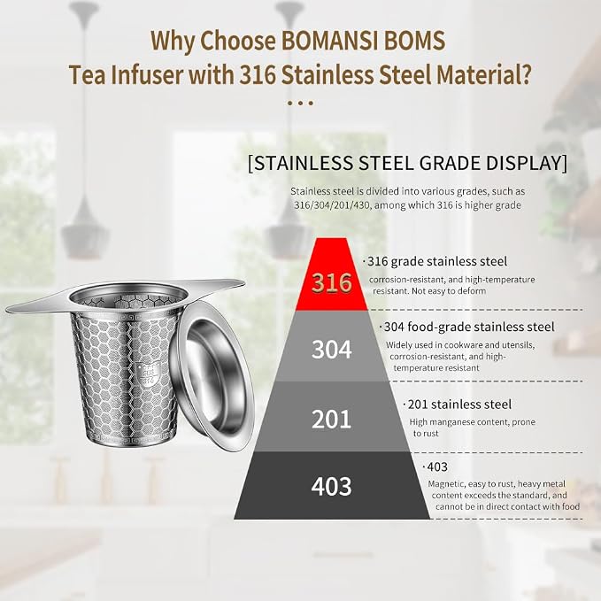 Tea Infuser for Loose Leaf Tea, BOMANSI BOMS 316 Stainless Steel Tea Infuser with Handles, Extra Fine Mesh Tea Strainers Filter Fine Tea Leaves, Fits Tea Pots, Mugs, 1 Pack