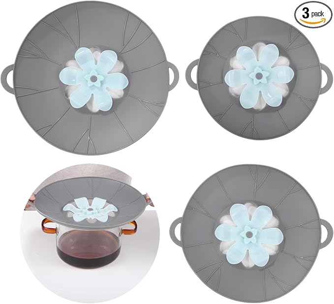 3 Pcs Silicone Spill Stopper Lids, 3 Sizes Splatter Covers, Reusable Lids with Flower Vent, Universal Pot Covers, Boil-Over Protectors, Safe for Microwave, Oven, Stovetop, Dishwasher