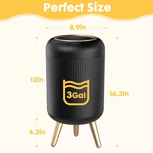 Automatic Motion Sensor Trash Can Bathroom,3 Gallon,Black and Gold | Touchless Trash Bin with Lid and Legs,Auto Diaper Garbage Can,Smalll Plastic Wastebasket for Office,Bedroom,Toilet,Kitchen