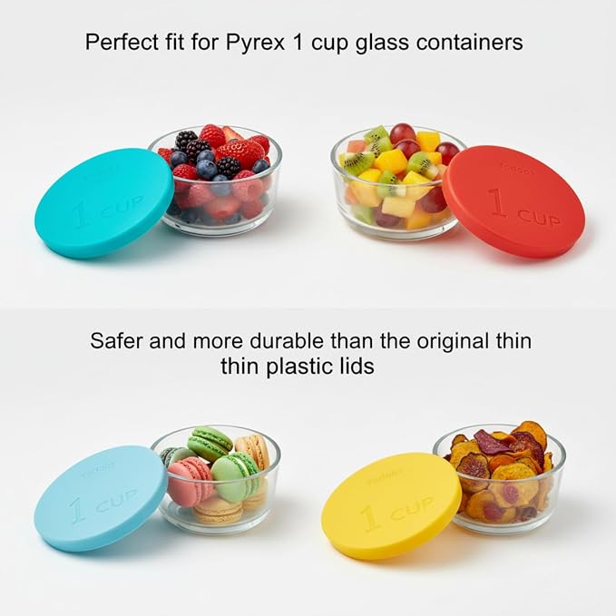 Yodecy Silicone Bowl Lids fit Pyrex Glass Bowls 7202-PC 1 Cup, Yodecy Silicone Bowl Lids fit Anchor Hocking Glass Bowls 7202-PC 1 Cup,Replacement Lids 3.8in(4 Pack Blue)