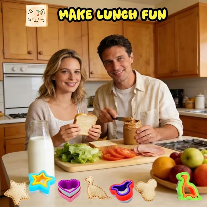 Uncrustable Sandwich Cutter, Crustless Sandwich Cutter and Sealer Set | 12PCS Sandwich Cookie Cutters, Heart Star Dino Mouse Shapes, Lunch & Bento Box Accessories