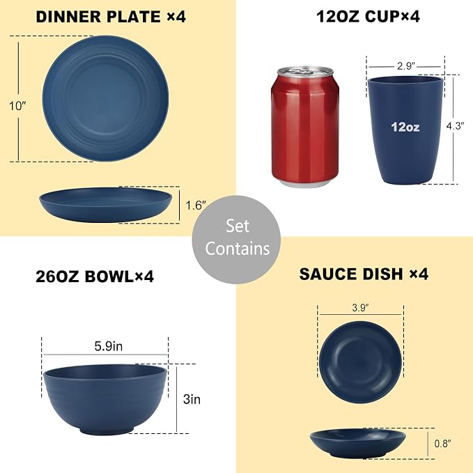 Wheat Straw Dinnerware Sets for 4,Dishwasher & Microwave Safe Plates and Bowls Sets 16 PCS,Unbreakable Dish Sets for Kitchen,Camping and Outdoor, Dinner Plate,Sauce Dish,Cereal Bowl,Cups- Multi color