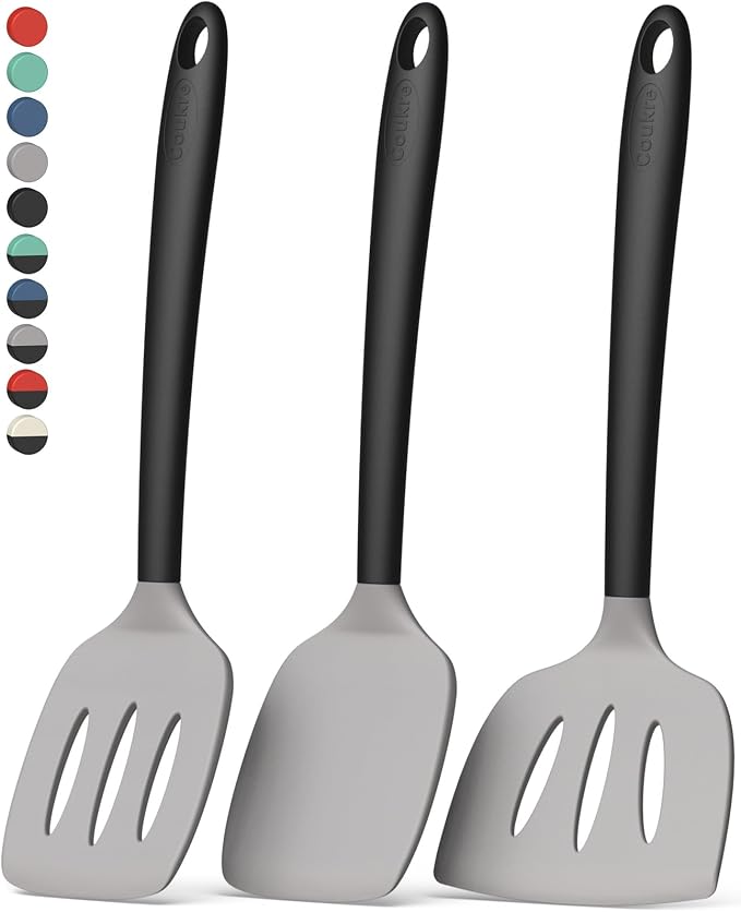 Coukre 3 Pack Silicone Spatula Set, Heat Resistant to 500°F, BPA-Free | Fish Spatula, Solid & Slotted Turners, Dishwasher Safe, Spatula Set for Eggs, Pancakes, Fish & Burgers, GrayBlack