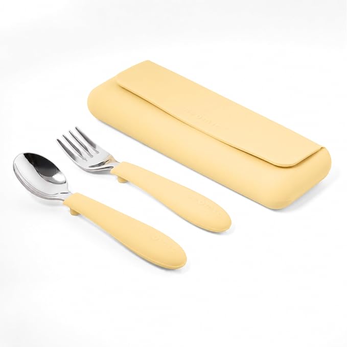 ASOMIC 316 Stainless Steel Toddler Utensils with Travel Case, Yellow | 316 stainless steel fork and spoon with BPA-free silicone handles and travel case; dishwasher safe.
