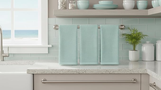 Seafoam Sage Aqua Green Kitchen Dish Towels, 3 PC, 100% Cotton, 18" x 28" | Terry Loop Ribbed Textured, Soft & Absorbent Cleaning Cloth, Quick Dry, Multipurpose for Everyday Use