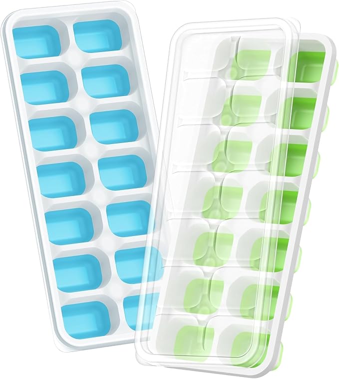 ChefAide Ice Cube Tray with Lid, 2 Packs 28 Cubes Durable Stackable Ice Cube Trays for Freezer with Removable Lids, Easy-Release Plastic & Silicone Ice Tray for Cocktail, Coffee