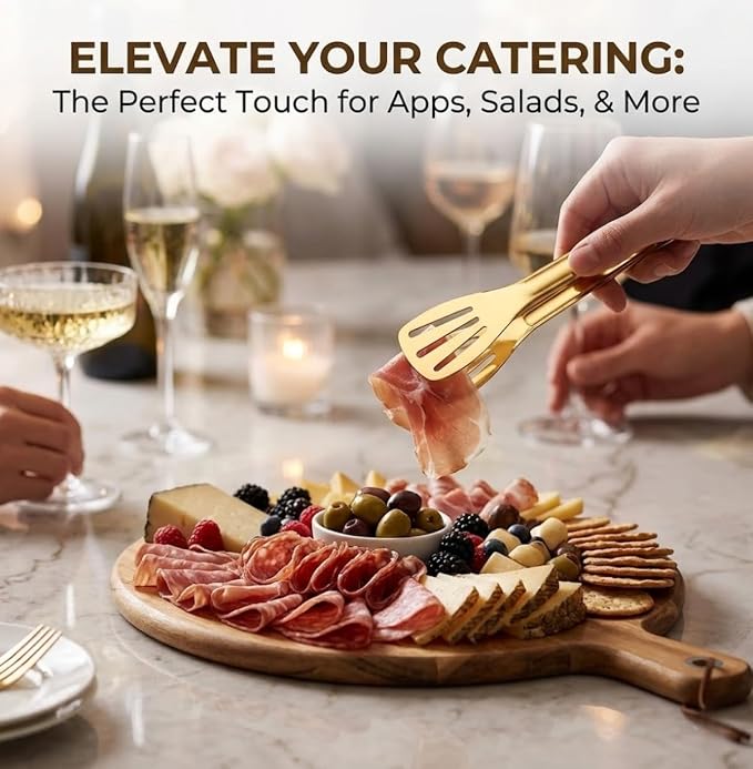 Gold Serving Tongs Kitchen Tongs,Buffet Tongs,JXHAPY Stainless Steel Gold Plated Food Tong Salad Tongs Serving Tong,small tongs 6 Pack (7 Inch)