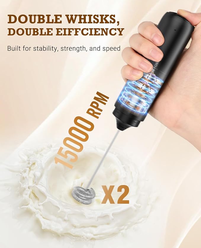 SIMPLETASTE Rechargeable Milk Frother Handheld Dual Coil Whisk Head Mixer | USB-C Portable Hand Frother Wand Drink Mixer for Cappuccino, Bulletproof Coffee, Latte, Black