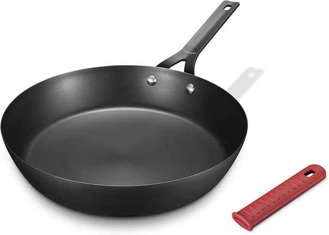 Carbon Steel Pan, 10 Inch Nonstick Frying Pan Skillet | Pre-Seasoned Carbon Steel Cookware with Removable Silicone Handle Holder, Indoor/Outdoor, Induction & Oven Safe