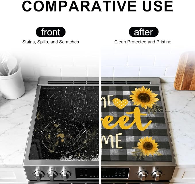 Sunflower Home Sweet Home Stove Top Cover, Buffalo Plaid, 28x20 in | Home Sweet Home sign with sunflowers on gray buffalo plaid; non-slip mat; protects glass and electric cooktops; 28x20 in