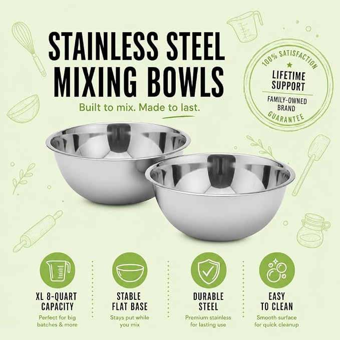 Large Stainless Steel Mixing Bowl 8 Quart - Extra Large Metal Mixing Bowl for Baking, Bread Dough, Salad - Deep Stainless Bowl - Commercial Kitchen Basin - Meal Prep - Stainless Steel- 2 Pack