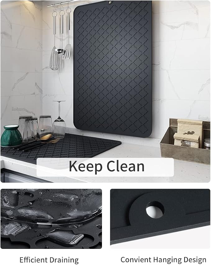 AMOAMI-Dish Drying Mats for Kitchen Counter-Silicone Dish Drying Mat-Kitchen Dish Drying Pad Heat Resistant Mat-Kitchen Gadgets Kitchen Accessories Kitchen Small Appliances(16" x 24", BLACK)