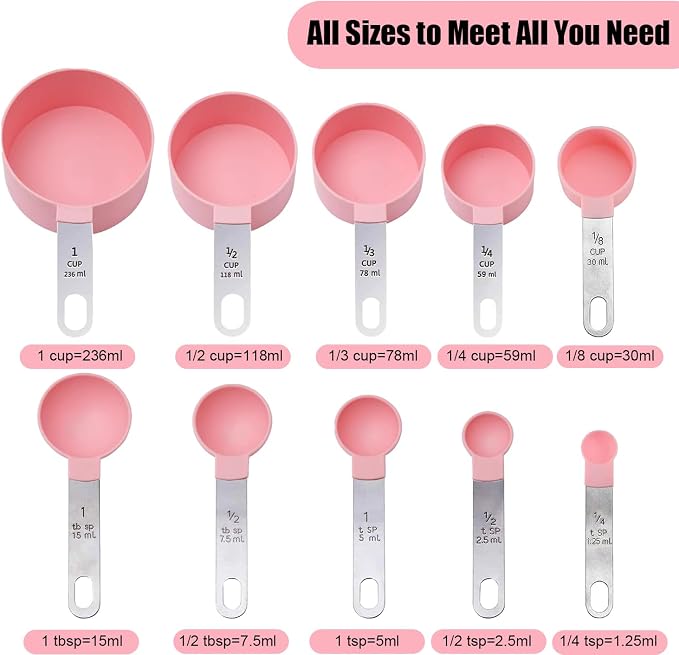 Measuring Cups and Spoons Set | 10-Piece Stackable Measuring Cups and Spoons for Dry and Liquid Ingredients (Pink)