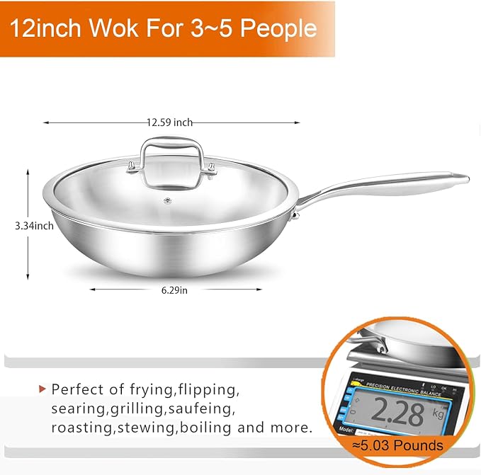 DELARLO Tri-Ply Stainless Steel Woks, 12 Inch Healthy Non-Toxic Cooking Wok Pan with Lid, Wide & Deep Cookware Stir-Fry Pans, Dishwasher and Oven Safe Up To 600°F, Works on Induction，Detachable Handle